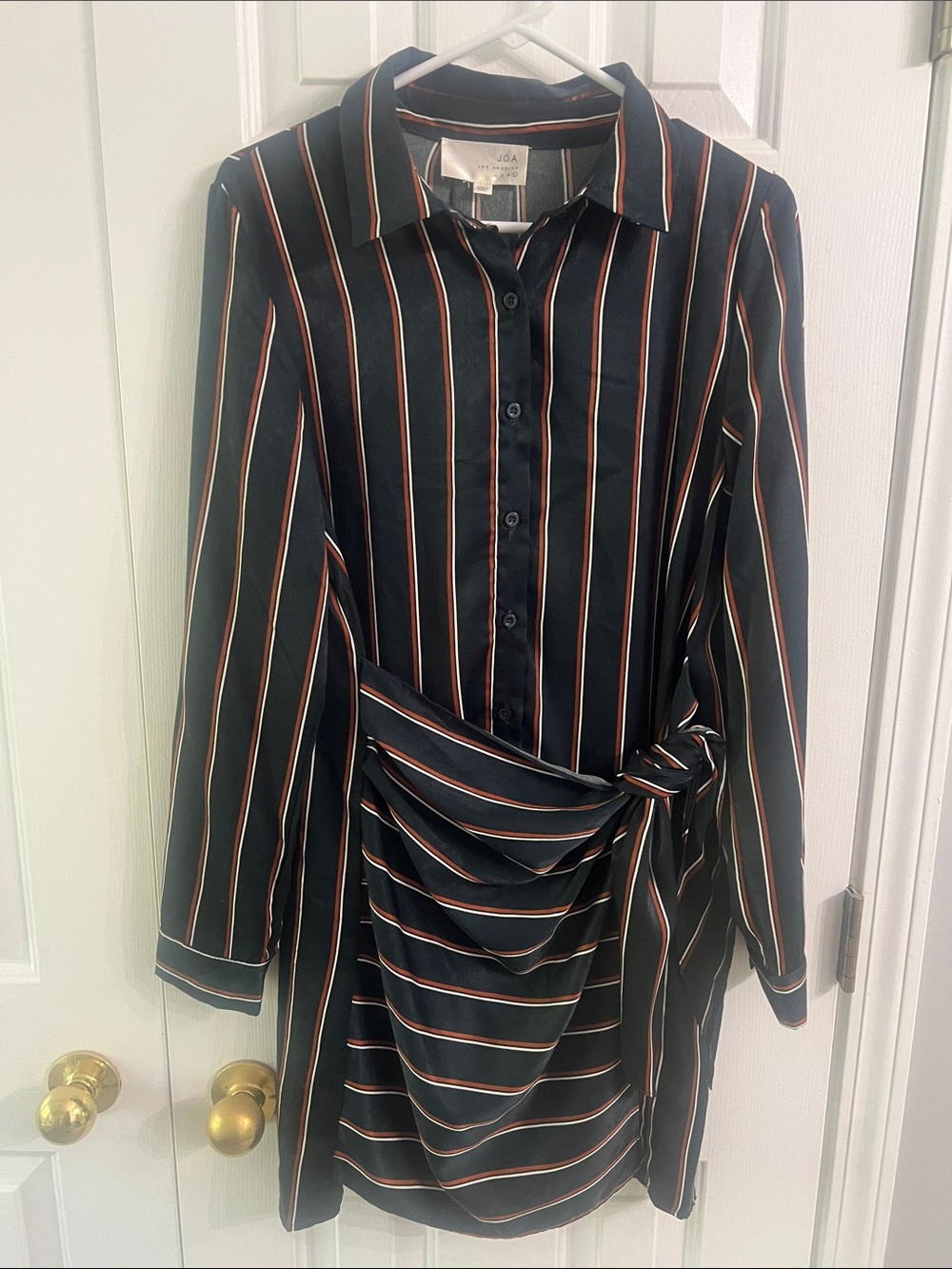 J.O.A. Black Striped Long-Sleeve Tie-Waist Shirt Dress